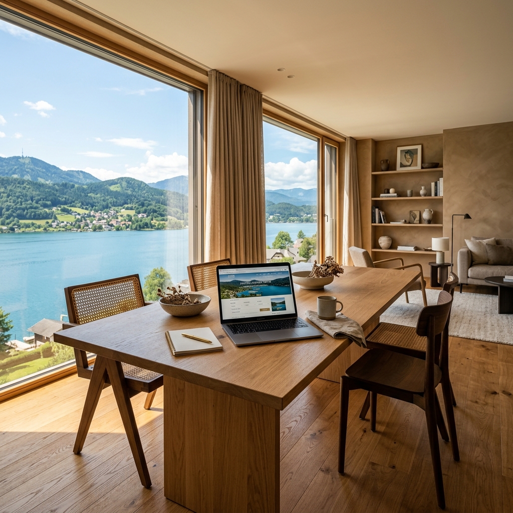 Luxuriöses Kärntner Apartment Innenraum mit Webdesign auf Laptop