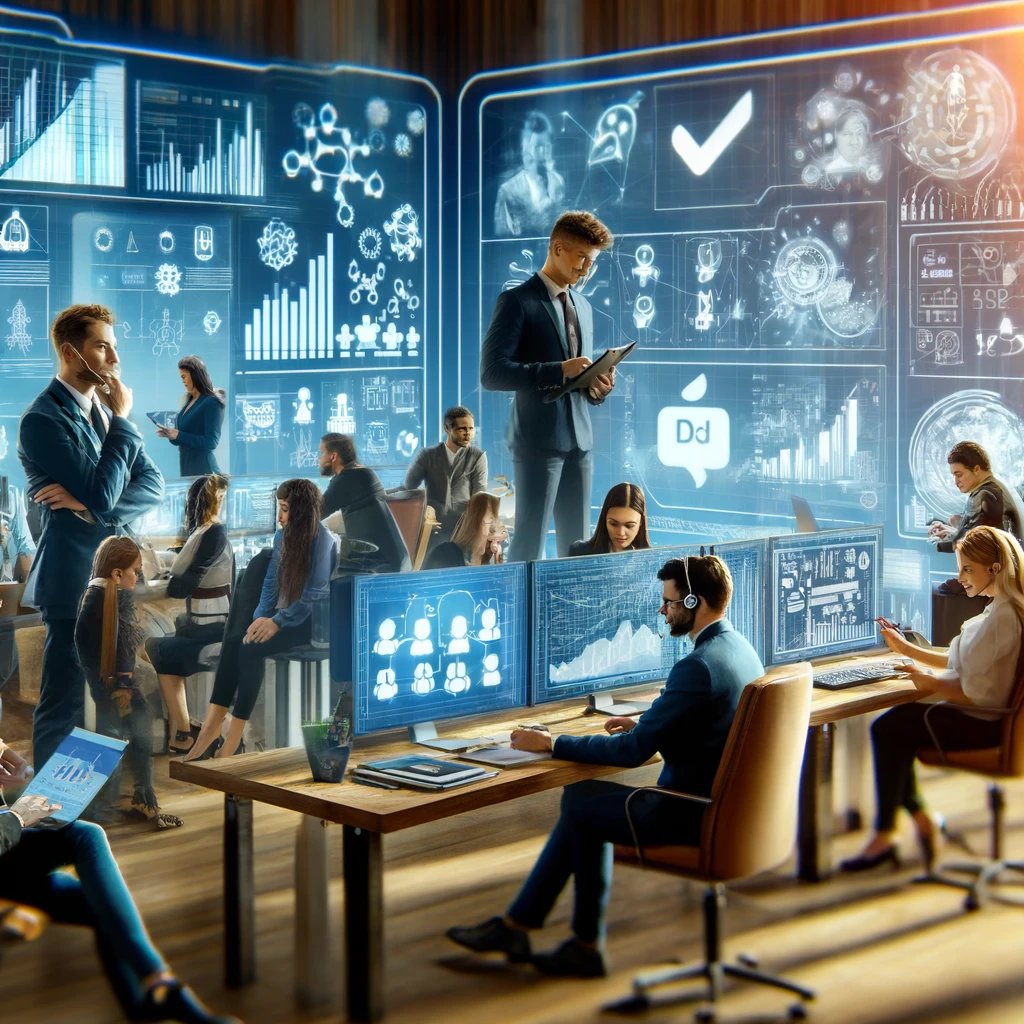 Das Bild zeigt einen modernen, kollaborativen Arbeitsplatz, der speziell für digitale Fachleute aus verschiedenen Bereichen des E-Commerce gestaltet ist. Es fängt eine lebendige Teamatmosphäre ein, in der Strategien diskutiert und neue Ideen entwickelt werden. Im Vordergrund findet eine Teambesprechung statt, bei der verschiedene Strategien auf einem großen Bildschirm präsentiert werden. Ein Designer ist in einem kreativen Prozess vertieft, umgeben von Notizen und Skizzen, während ein Datenanalyst konzentriert Trends auf mehreren Monitoren untersucht. Ein Kundendienstmitarbeiter ist ebenfalls zu sehen, wie er mit einem Headset ausgestattet Kundenanfragen bearbeitet. Die Umgebung ist mit digitalen Bildschirmen gefüllt, die Graphen, E-Commerce-Webseiten und Social Media-Feeds anzeigen, was die intensive Online-Kommerzatmosphäre unterstreicht. Überall im Raum verdeutlichen offene Laptops, Tablets und digitale Anzeigetafeln die technologiegetriebene Natur ihrer Arbeit. Die Szene strahlt eine dynamische und innovative Energie aus, die den Geist der E-Commerce-Industrie widerspiegelt.