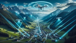 Zukunftsorientierte Drohnen in Tirol projizieren holografische Werbung auf Berge und verteilen Werbegeschenke, umgeben von staunenden Zuschauern.