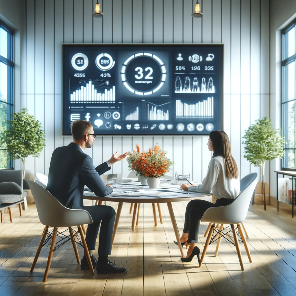 Social Media Berater bespricht Strategien mit Kunde im Büro