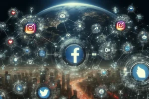 Futuristische Darstellung von Social Media Icons in einer vernetzten digitalen Welt