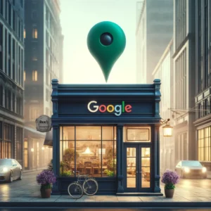 Markante Google Maps Markierung über einem Google Store in einer städtischen Straßenszene