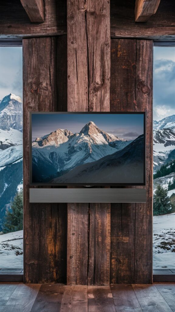 Flachbildfernseher an rustikaler Holzwand mit Bild von Tiroler Bergen, Konzept für Imagefilme Tirol Studie