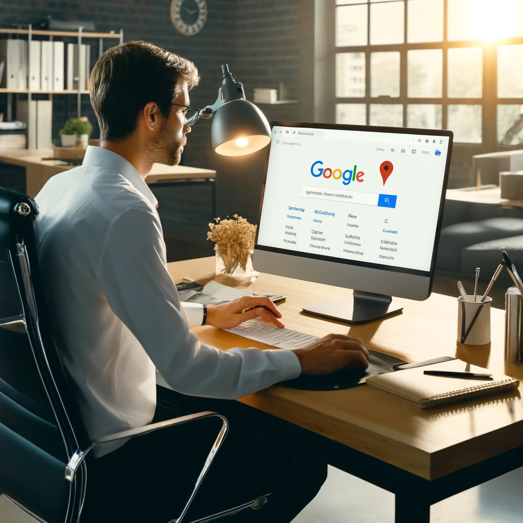 Geschäftsmann nutzt Google Maps auf seinem Computer zur Optimierung seines GMB-Eintrags