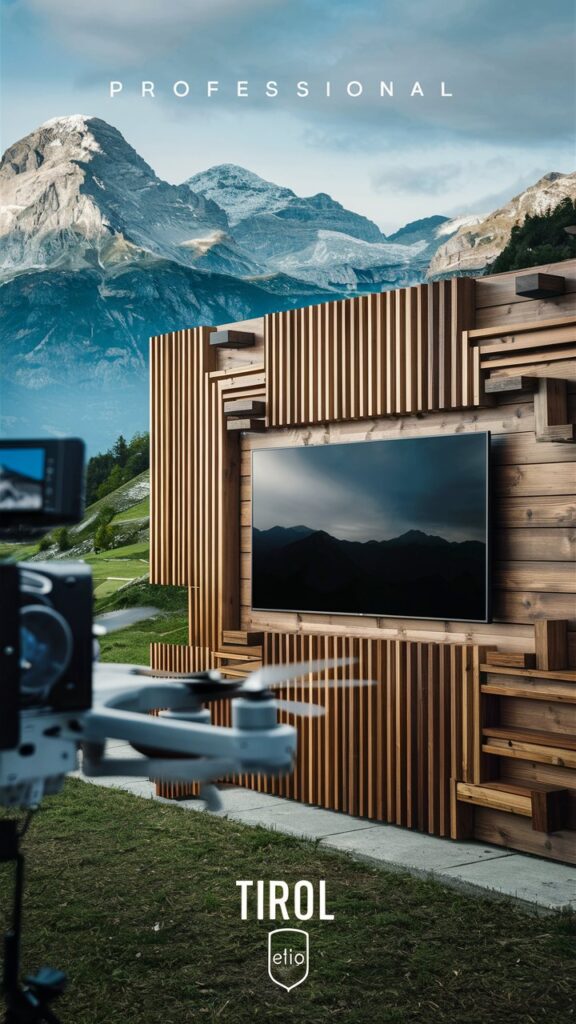 Drohne und Filmkamera vor einer modernen Holzstruktur mit Tiroler Alpen im Hintergrund, Werbefilme Tirol Studie